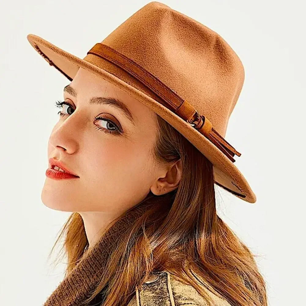 Fedora Khaki Hat Unisex Classy Chic Men Women Buckle Strap